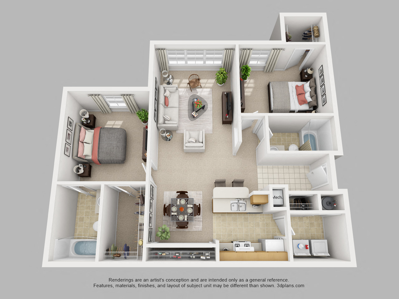 Floor plan for 2 beds, 2 baths, 1079 sqft
